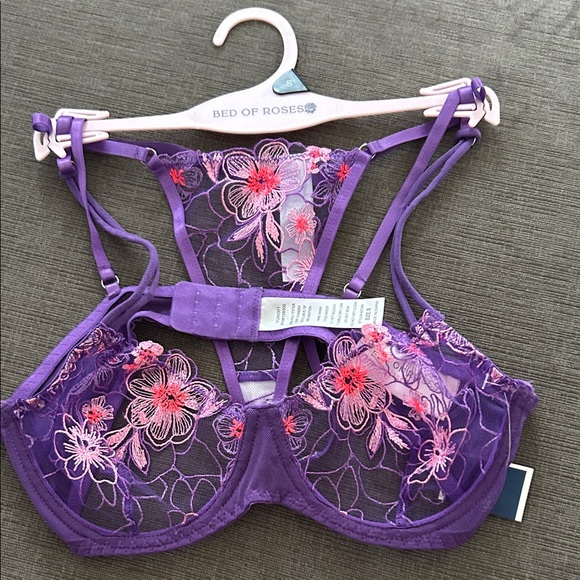 BED OF ROSES Purple Floral Lace 2pc Lingerie Set S NWT - Picture 3 of 6